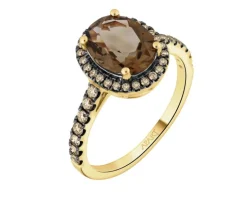 Pierścionek z żółtego złota z brylantami Champagne i kwarcem dymnym - próba 585