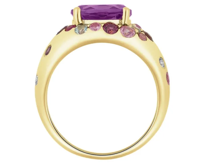 Pierścionek z żółtego złota z brylantami, kamieniami szlachetnymi i ozdobnymi - próba 585