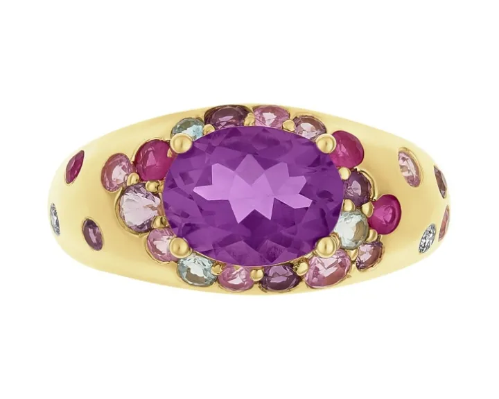 Pierścionek z żółtego złota z brylantami, kamieniami szlachetnymi i ozdobnymi - próba 585