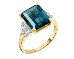Pierścionek z żółtego złota z brylantami i topazem London Blue - próba 585