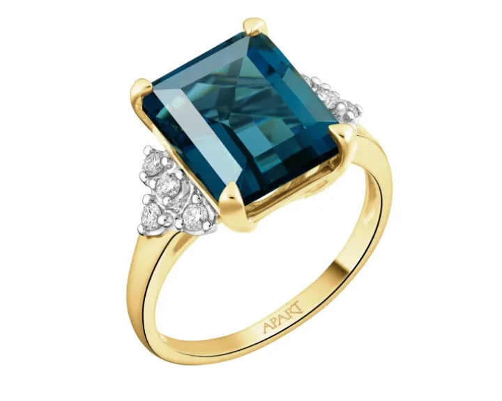 Pierścionek z żółtego złota z brylantami i topazem London Blue - próba 585