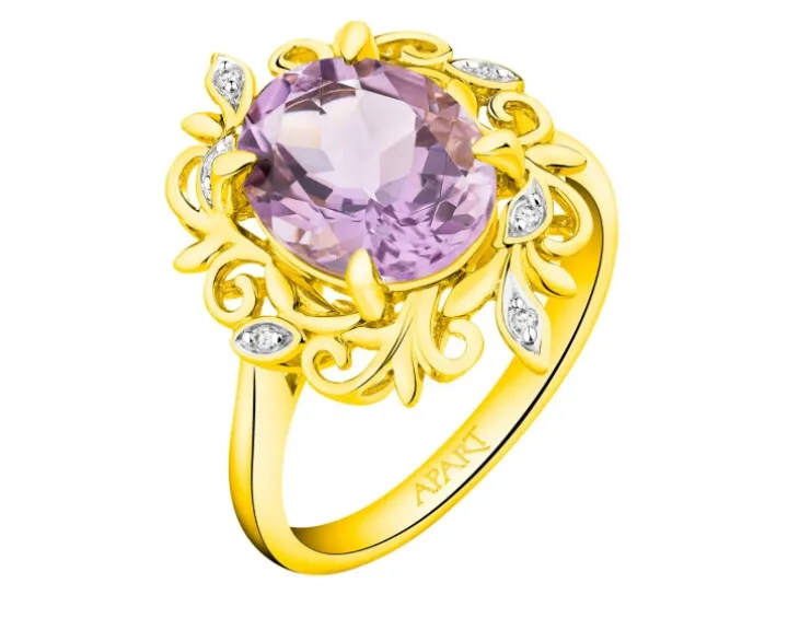 Pierścionek z żółtego złota z diamentami i ametystem - próba 585