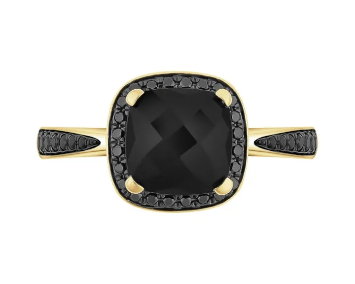 Pierścionek z żółtego złota z czarnymi brylantami i onyksem - próba 585