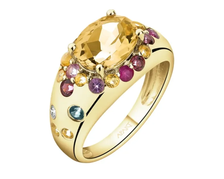 Pierścionek z żółtego złota z brylantami, kamieniami szlachetnymi i ozdobnymi - próba 585