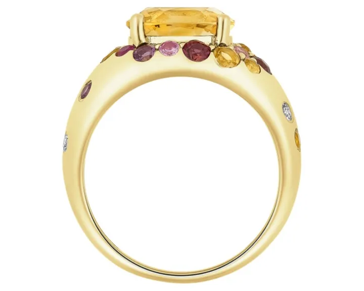 Pierścionek z żółtego złota z brylantami, kamieniami szlachetnymi i ozdobnymi - próba 585