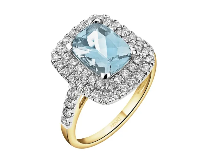 Pierścionek z żółtego złota z brylantami i akwamarynem - próba 585