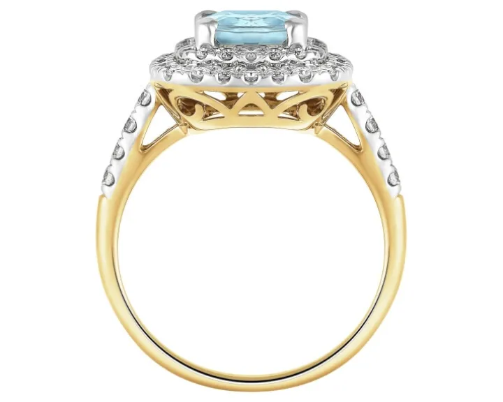 Pierścionek z żółtego złota z brylantami i akwamarynem - próba 585
