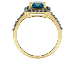 Pierścionek z żółtego złota z czarnymi brylantami i topazem London Blue - próba 585