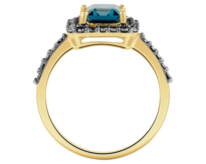 Pierścionek z żółtego złota z czarnymi brylantami i topazem London Blue - próba 585