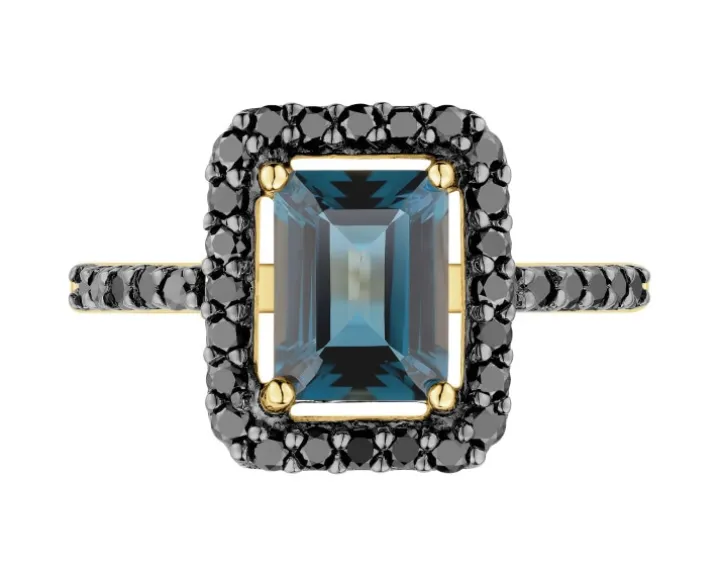 Pierścionek z żółtego złota z czarnymi brylantami i topazem London Blue - próba 585