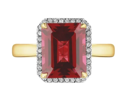 Pierścionek z żółtego złota z diamentami i rodolitem - próba 585
