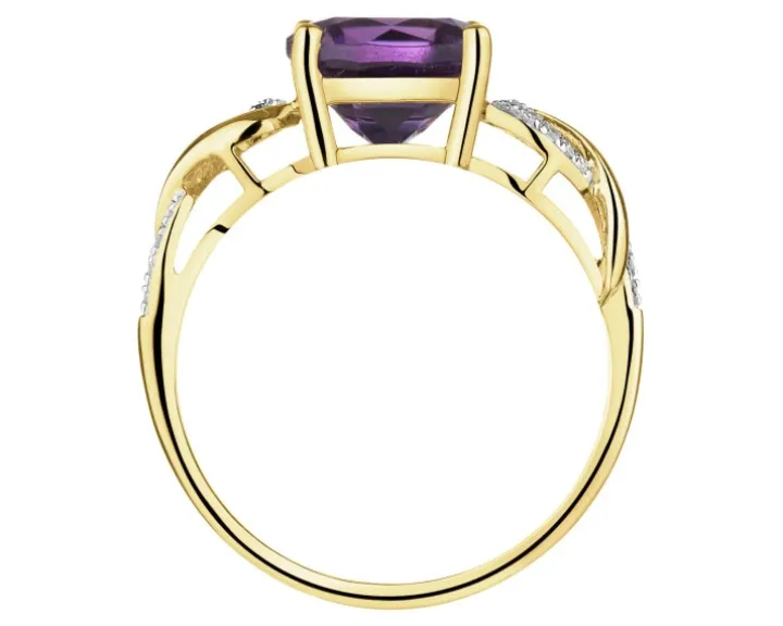 Pierścionek z żółtego złota z diamentami i ametystem - próba 585