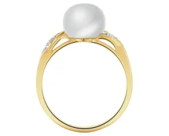 Pierścionek z  żółtego złota z diamentami i perłą - próba 585
