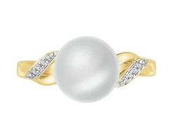 Pierścionek z żółtego złota z diamentami i perłą - próba 585