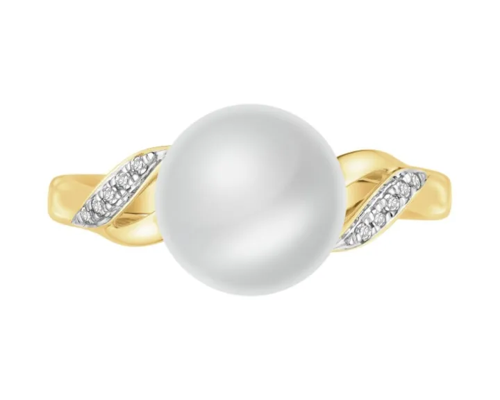 Pierścionek z żółtego złota z diamentami i perłą - próba 585