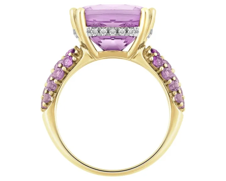 Pierścionek z żółtego złota z brylantami i ametystami - próba 585