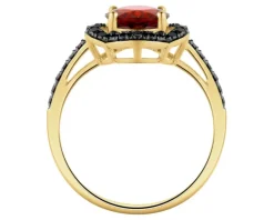 Pierścionek z żółtego złota z czarnymi diamentami i granatem - próba 585