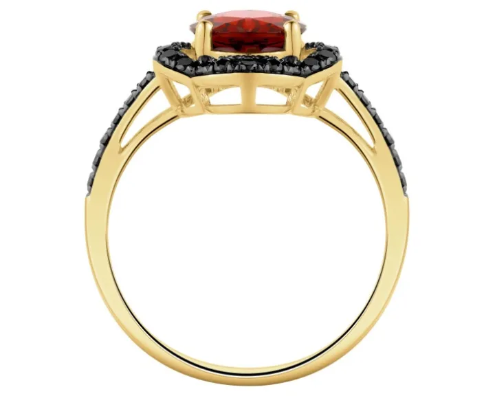 Pierścionek z żółtego złota z czarnymi diamentami i granatem - próba 585