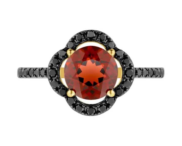 Pierścionek z żółtego złota z czarnymi diamentami i granatem - próba 585