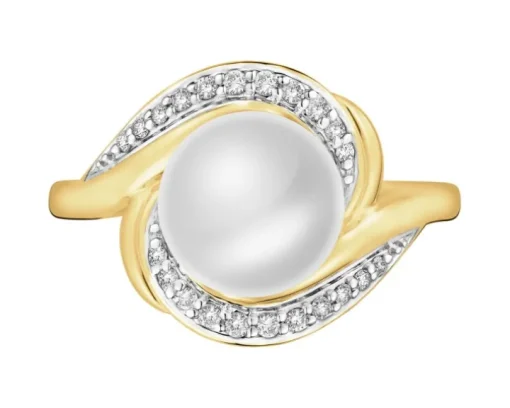 Pierścionek z żółtego złota z diamentami i perłą - próba 375