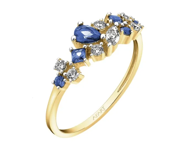 Pierścionek z żółtego złota z brylantami, szafirami syntetycznymi i topazami białymi - próba 375