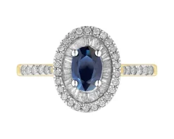 Pierścionek z żółtego złota z diamentami i szafirem - próba 585