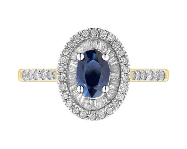 Pierścionek z żółtego złota z diamentami i szafirem - próba 585