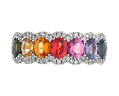 Pierścionek z żółtego złota z brylantami i szafirami kolorowymi - próba 585