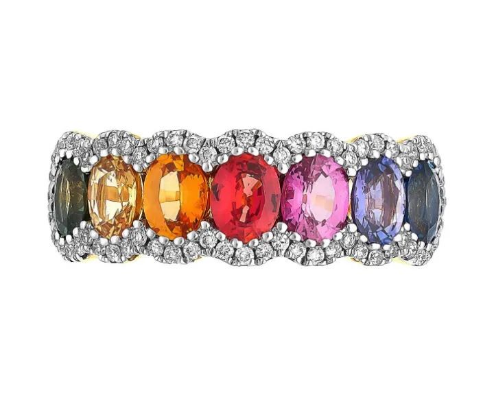 Pierścionek z żółtego złota z brylantami i szafirami kolorowymi - próba 585