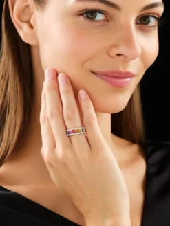 Pierścionek z żółtego złota z brylantami i szafirami kolorowymi - próba 585