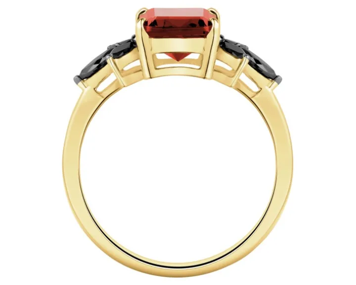 Pierścionek z żółtego złota z czarnymi diamentami i granatem - próba 585