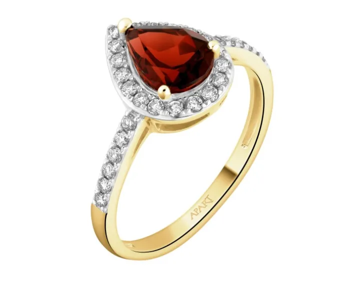 Pierścionek z żółtego złota z brylantami i granatem - próba 585