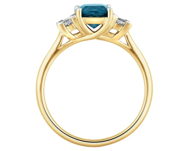 Pierścionek z żółtego złota z diamentami i topazem London Blue - próba 585