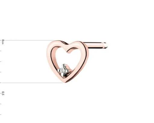 Pojedynczy kolczyk z różowego złota z diamentem - serce - 0,004 ct - próba 375