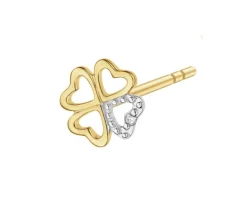 Pojedynczy kolczyk z żółtego złota z diamentem - koniczyna, serce - 0,002 ct - próba 375
