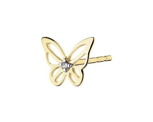 Pojedynczy kolczyk z żółtego złota z diamentem - motyl - 0,002 ct - próba 375
