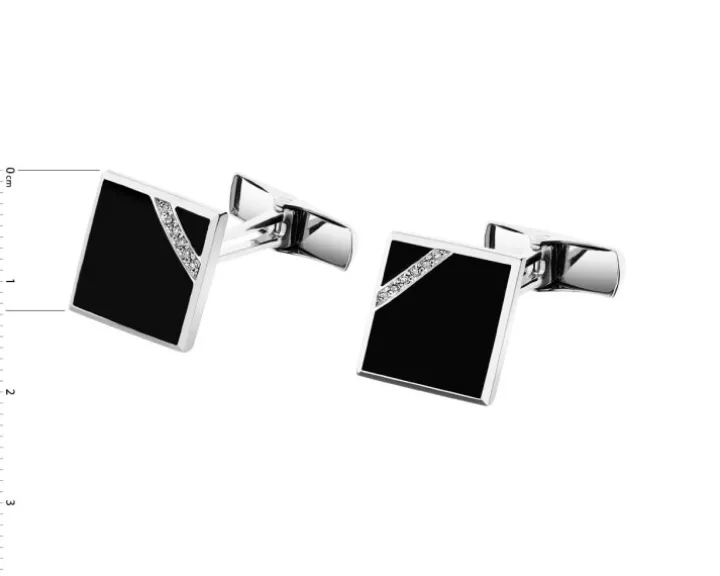 Spinki do mankietów z białego złota z diamentami i onyksami - próba 585