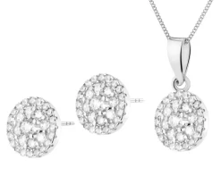 Srebrne kolczyki i zawieszka z cyrkoniami, łańcuszek - komplet - rozeta