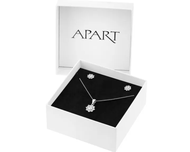 Srebrne kolczyki i zawieszka z cyrkoniami, łańcuszek - komplet