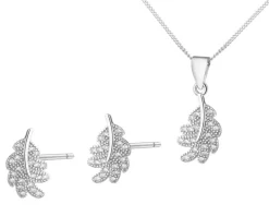 Srebrne kolczyki i zawieszka z cyrkoniami, łańcuszek - komplet - liście