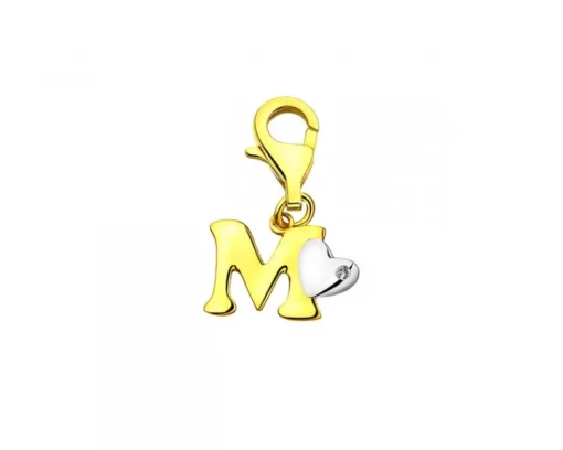 Zawieszka charms z żółtego złota z diamentem - litera M, serce - 0,004 ct - próba 375