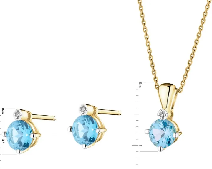 Zawieszka i kolczyki z żółtego złota z diamentami i topazami - komplet - próba 375