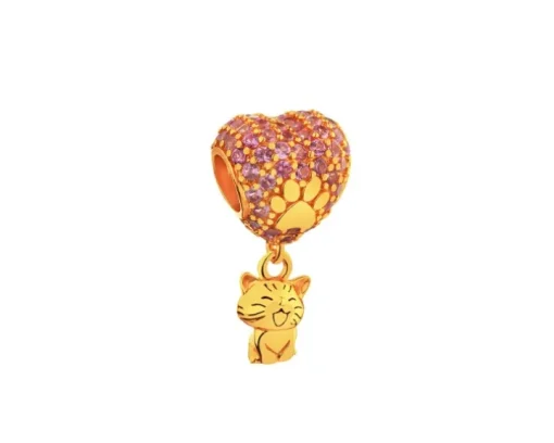 Zawieszka srebrna beads z cyrkoniami - serce, kot, łapka