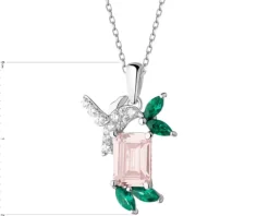 Zawieszka srebrna z cyrkoniami - liście, koliber