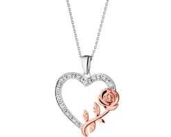 Zawieszka z białego i różowego złota z diamentami - serce, róża - 0,05 ct - próba 375