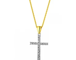 Zawieszka z białego i żółtego złota z diamentami - krzyż - 0,04 ct - próba 375