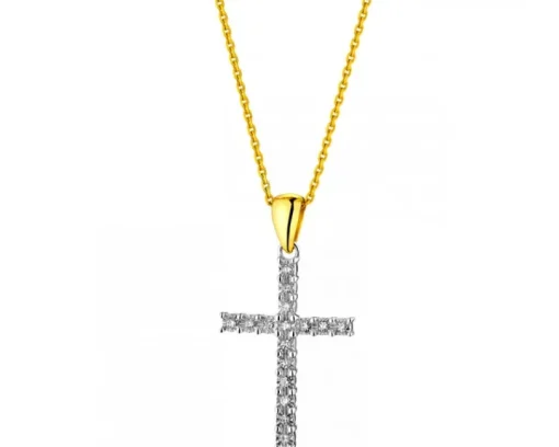 Zawieszka z białego i żółtego złota z diamentami - krzyż - 0,04 ct - próba 375