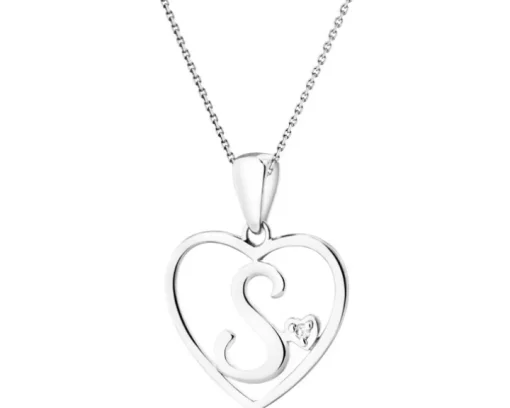 Zawieszka z białego złota z diamentem - litera S, serce - 0,005 ct - próba 585
