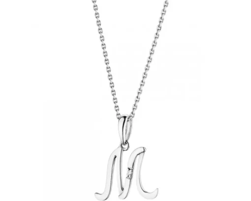 Zawieszka z białego złota z diamentem - litera M - 0,004 ct - próba 585