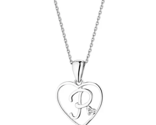 Zawieszka z białego złota z diamentem - litera P, serce - 0,005 ct - próba 585